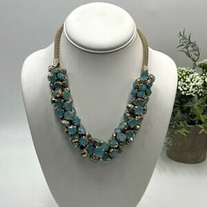 Gold Tone Rope Chain Prong Set‎ Faceted Blue Rhinestone Necklace
